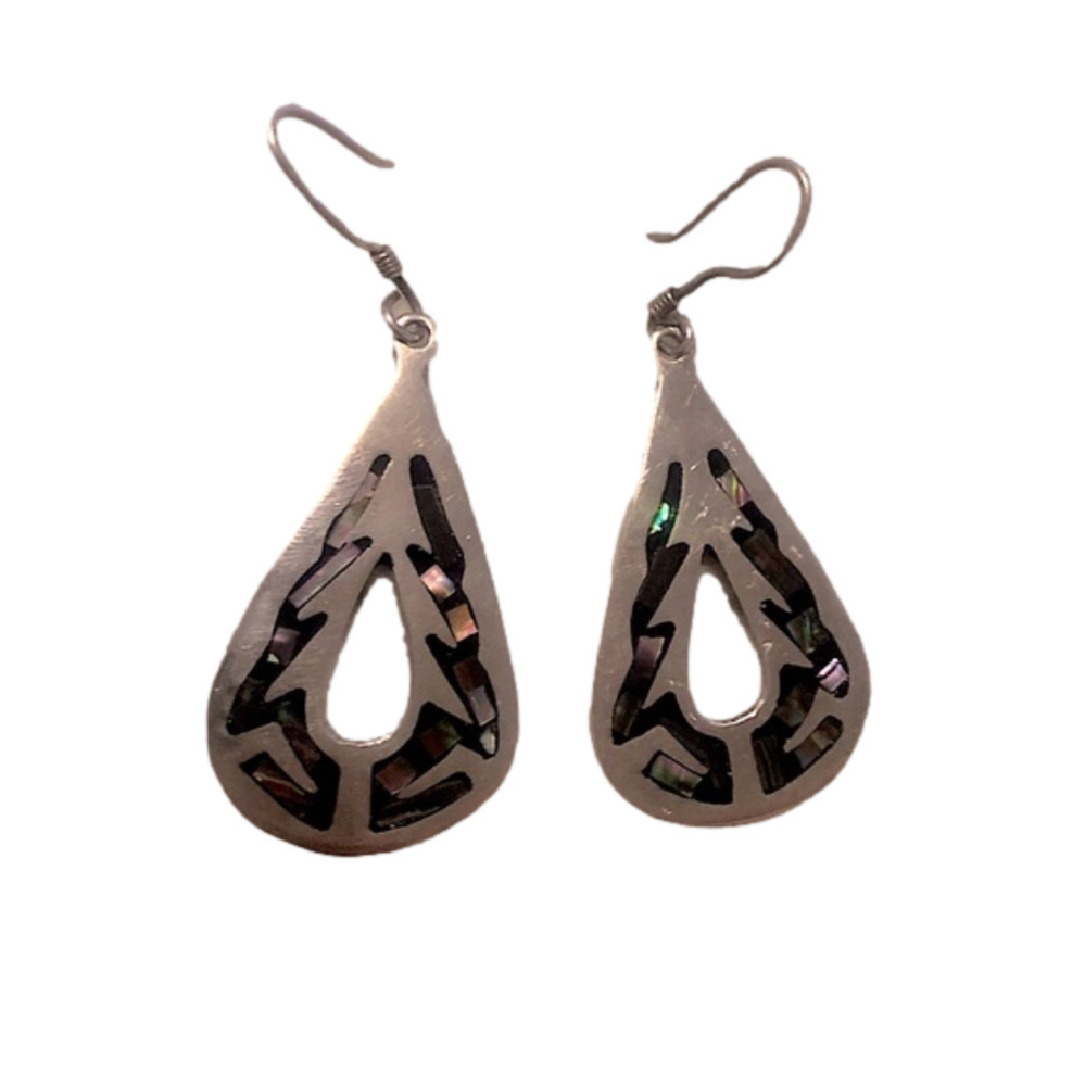 VTG Taxco Sterling Silver & Abalone Inlay Teardrop Pear Shape Earrings 1.9”